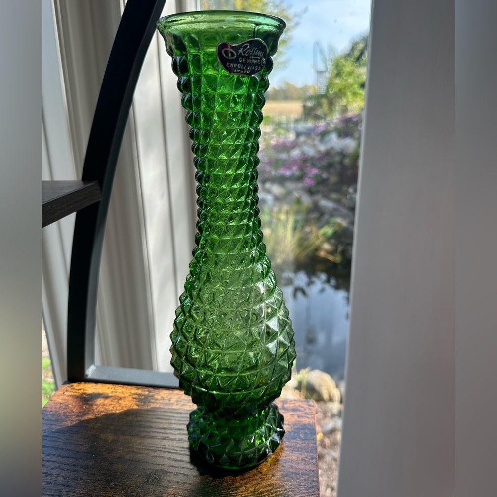 Empoli  Green Glass Rossini hand made green diamond point vase.